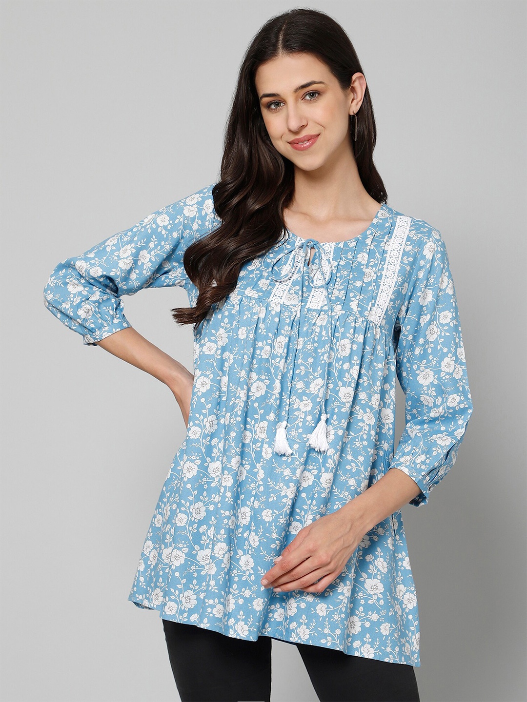 

Fbella Print Tie-Up Neck Cotton Tunic, Blue