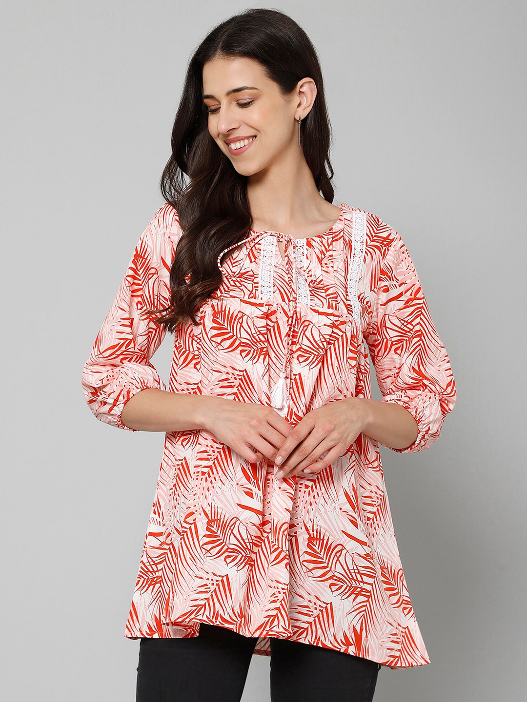 

Fbella Floral Printed Tie-Up Neck Puff Sleeves Longline A-Line Top, Pink