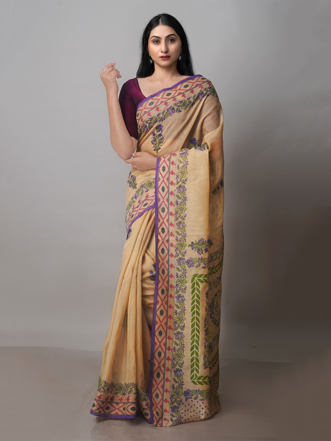 

Unnati Silks Ethnic Motifs Printed Silk Cotton Chanderi Saree, Brown