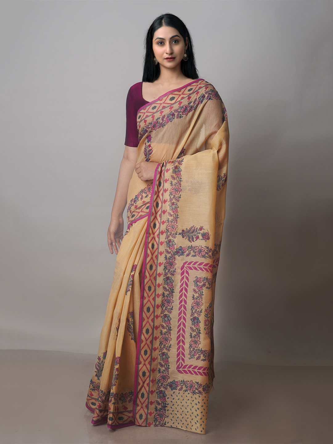 

Unnati Silks Floral Printed Silk Cotton Chanderi Saree, Beige