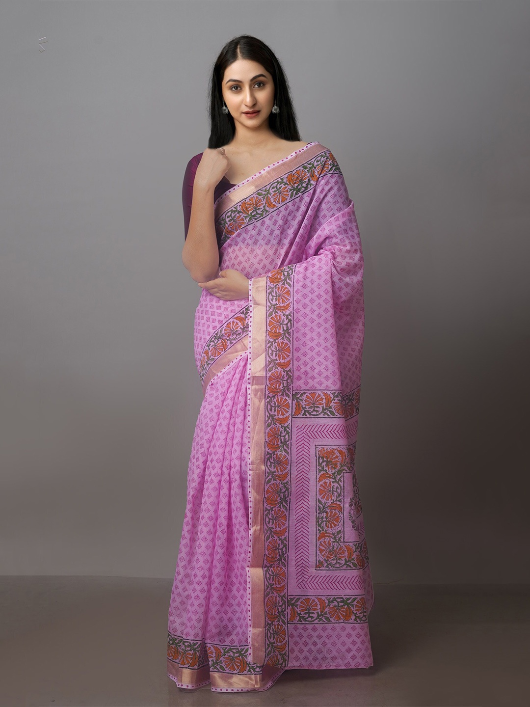 

Unnati Silks Ethnic Printed Zari Silk Cotton Chanderi Saree, Pink