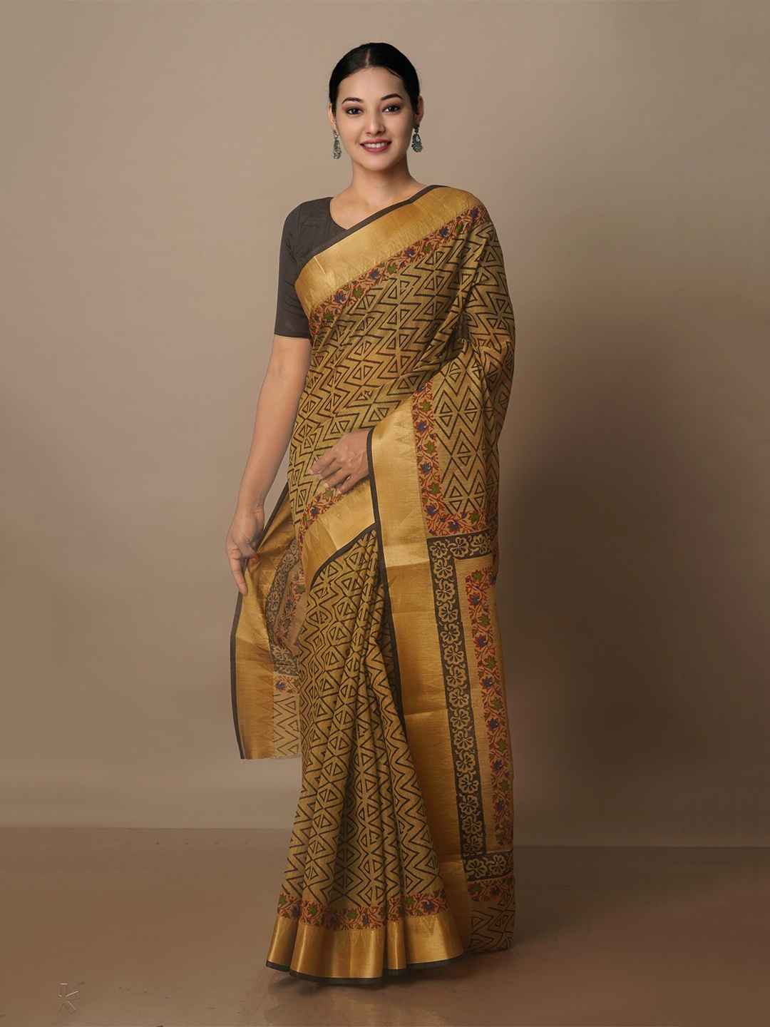 

Unnati Silks Geometric Printed Zari Silk Cotton Chanderi Saree, Brown