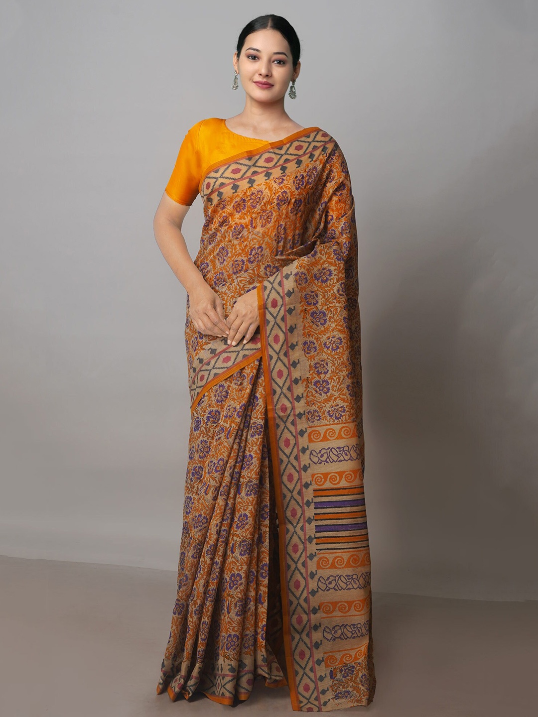 

Unnati Silks Floral Silk Cotton Chanderi Saree, Brown