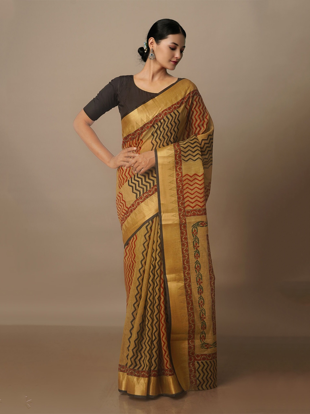 

Unnati Silks Zari Silk Cotton Chanderi Saree, Brown