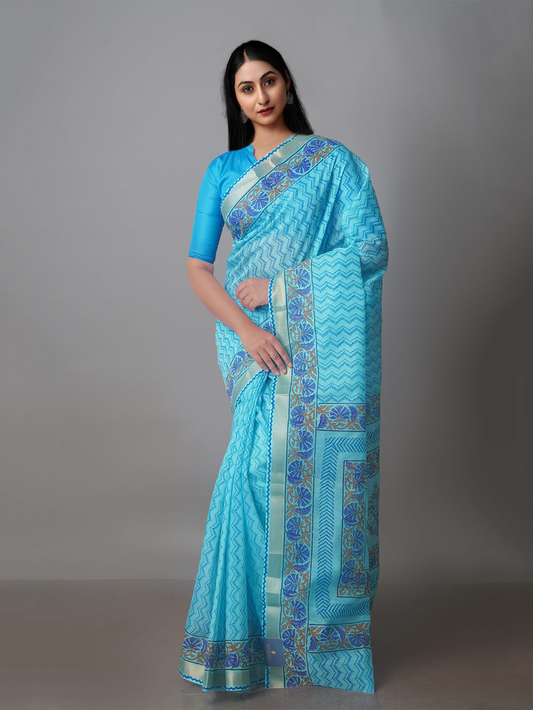 

Unnati Silks Ethnic Motifs Zari Silk Cotton Chanderi Saree, Blue