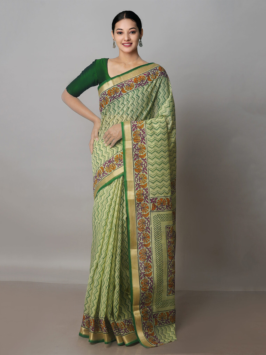 

Unnati Silks Geometric Printed Zari Silk Cotton Chanderi Saree, Green