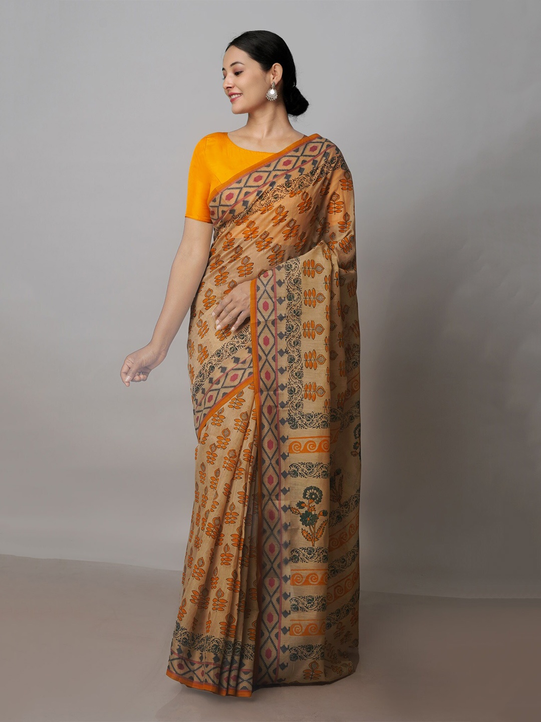 

Unnati Silks Floral Printed Silk Cotton Chanderi Saree, Beige