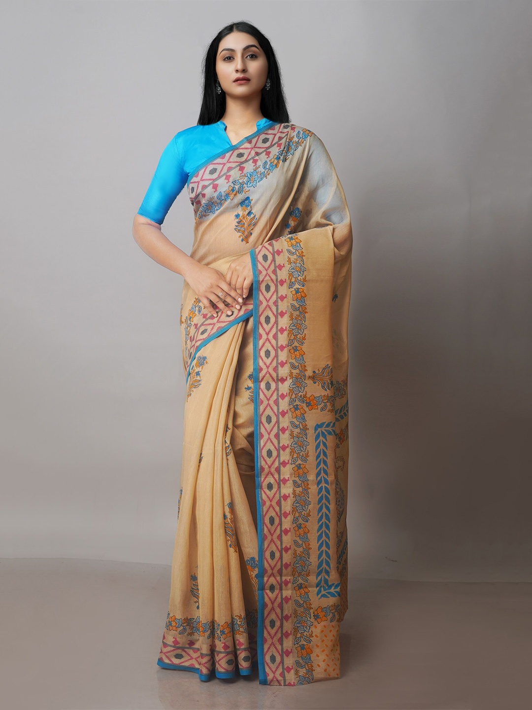 

Unnati Silks Ethnic Motifs Silk Cotton Chanderi Saree, Brown