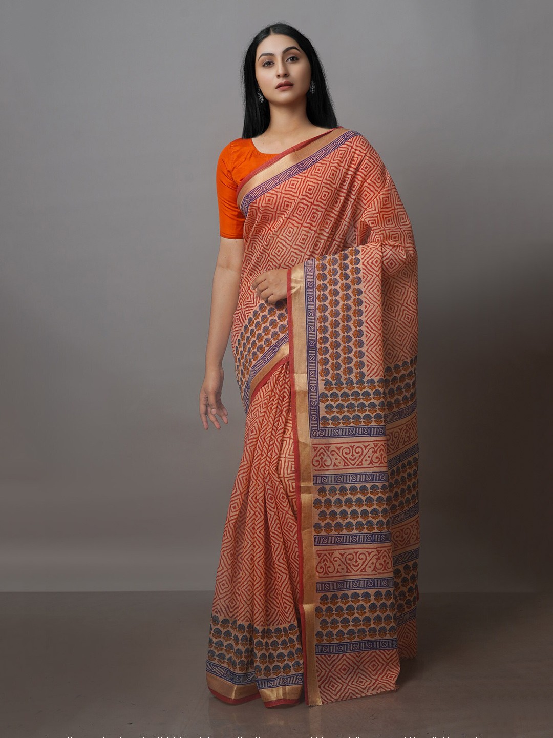 

Unnati Silks Ethnic Motifs Zari Silk Cotton Chanderi Saree, Orange