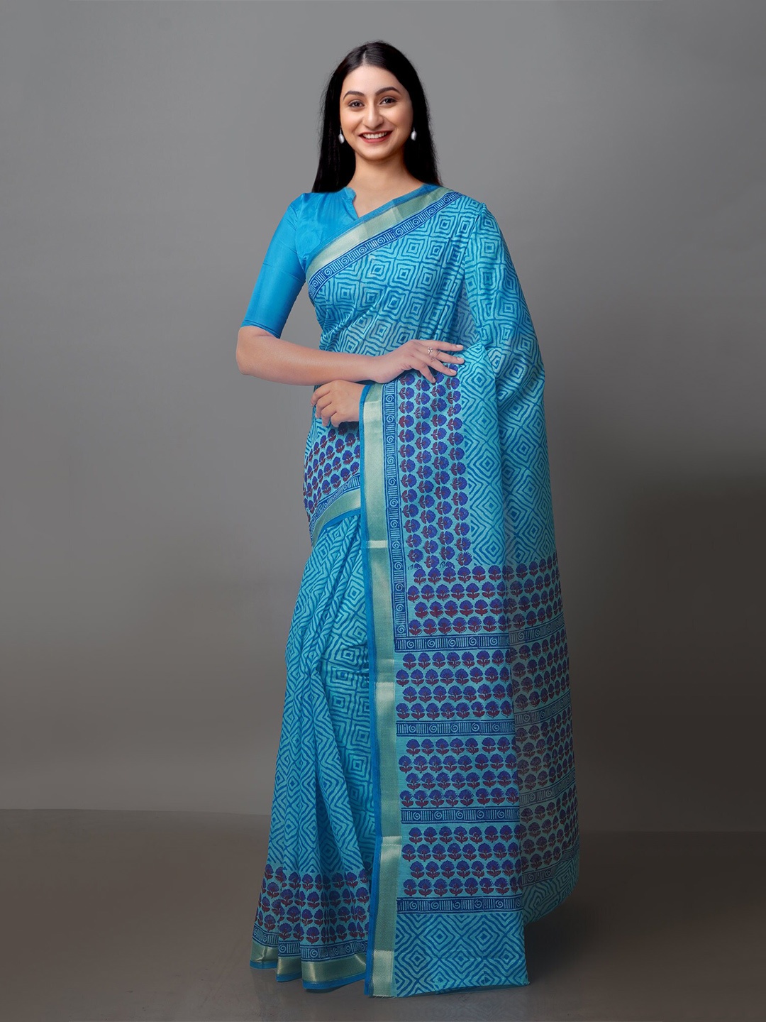 

Unnati Silks Geometric Printed Zari Silk Cotton Chanderi Saree, Blue