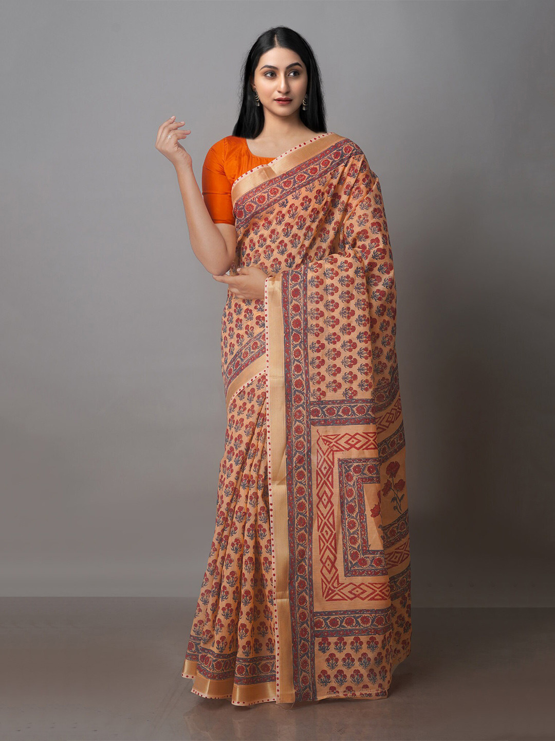 

Unnati Silks Floral Zari Silk Cotton Chanderi Saree, Peach