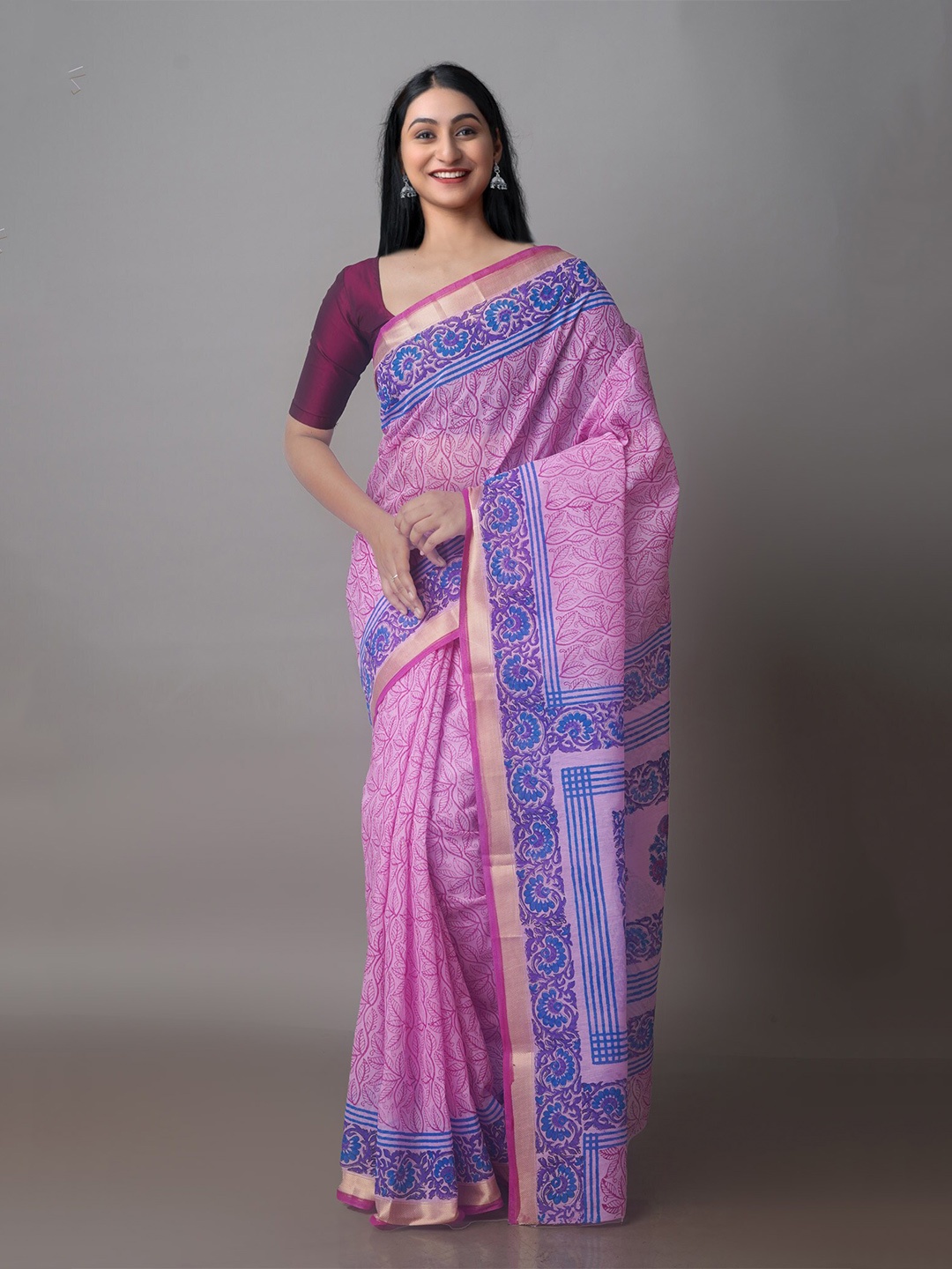 

Unnati Silks Floral Printed Zari Silk Cotton Chanderi Saree, Pink