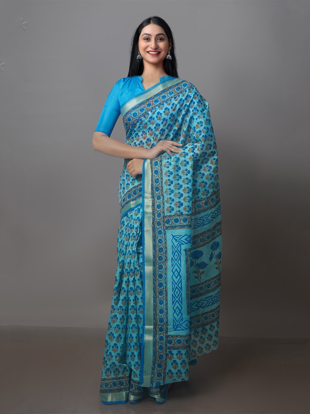 

Unnati Silks Ethnic Motifs Zari Silk Cotton Chanderi Saree, Blue