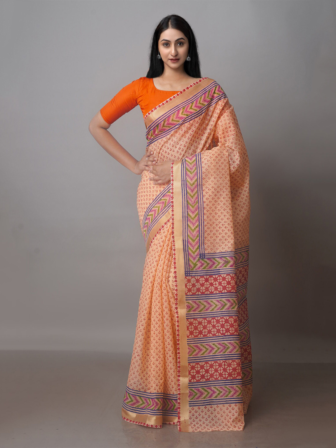 

Unnati Silks Ethnic Motifs Printed Zari Silk Cotton Chanderi Saree, Peach