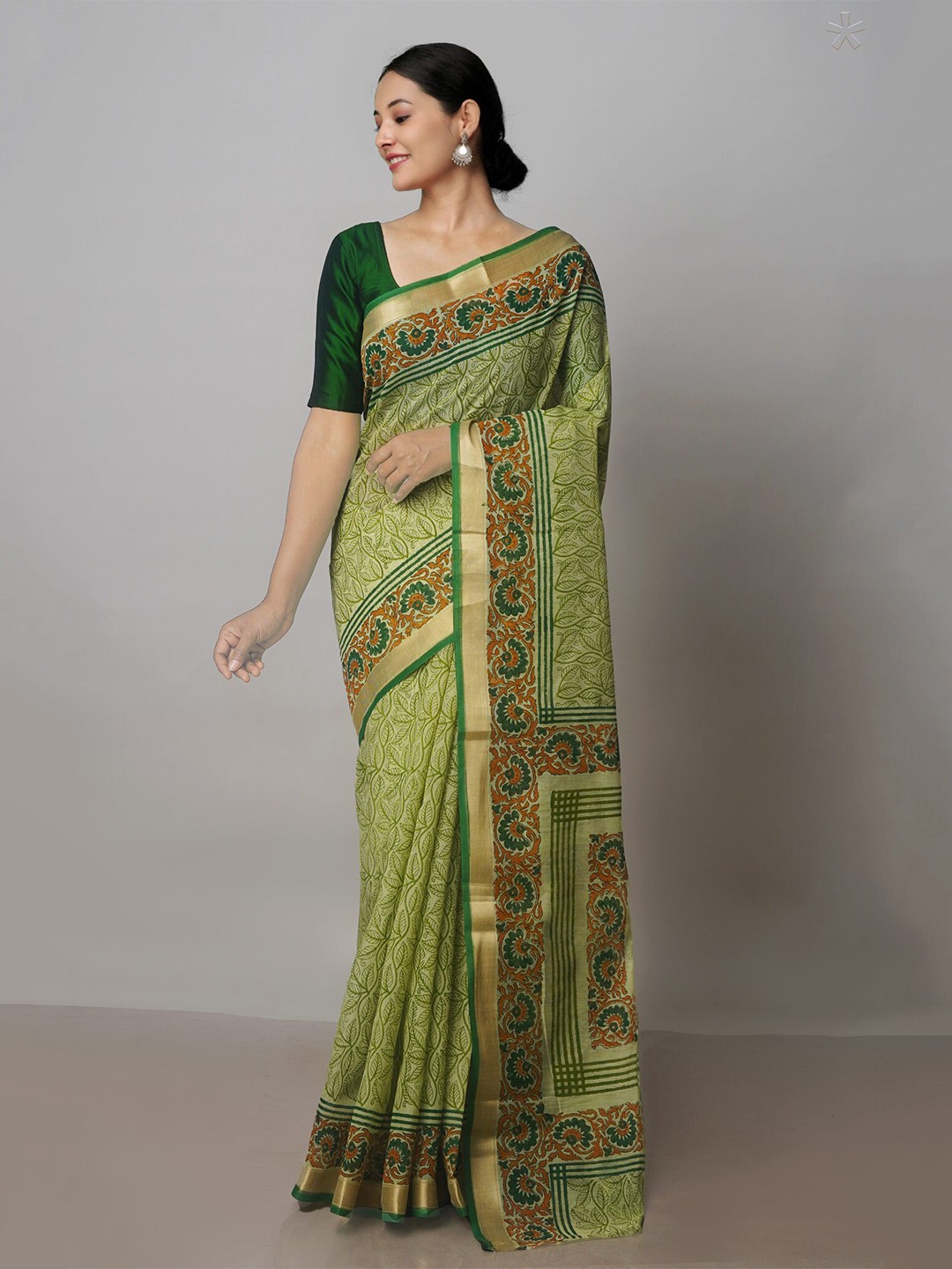 

Unnati Silks Floral Printed Zari Silk Cotton Chanderi Saree, Green