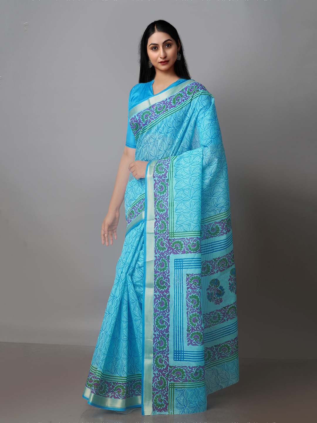 

Unnati Silks Floral Motifs Zari Silk Cotton Chanderi Saree, Blue