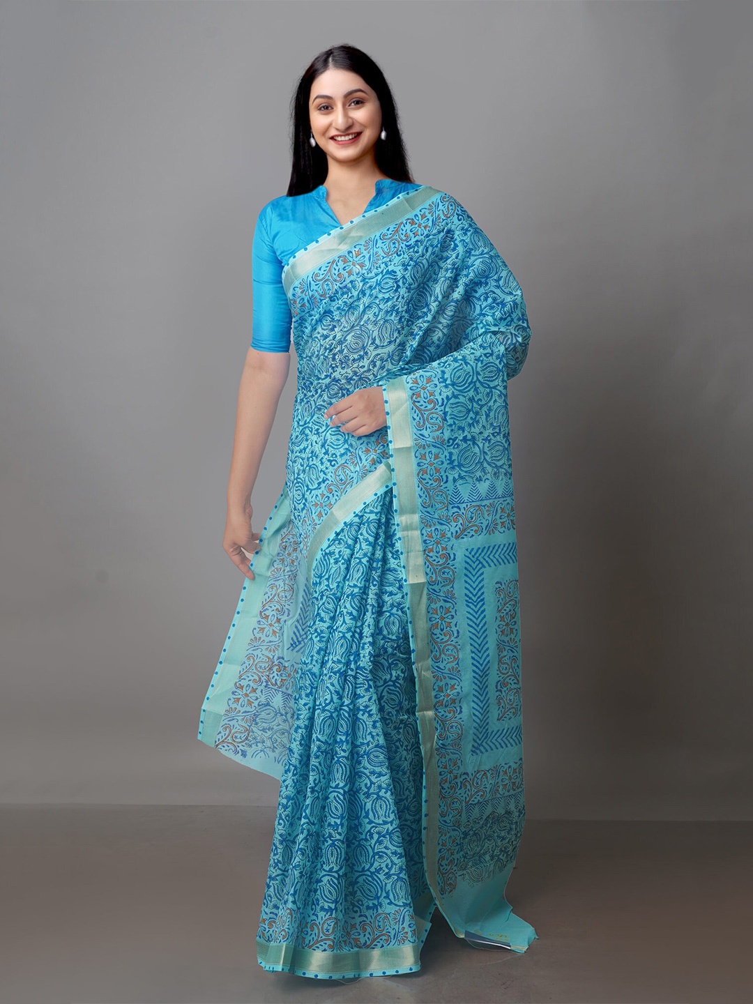 

Unnati Silks Ethnic Motifs Printed Zari Silk Cotton Chanderi Saree, Blue