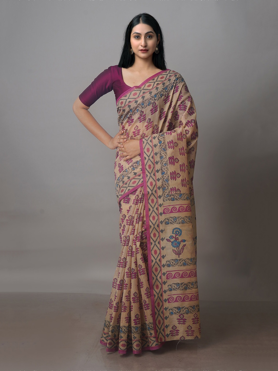 

Unnati Silks Ethnic Motifs Printed Silk Cotton Chanderi Saree, Brown