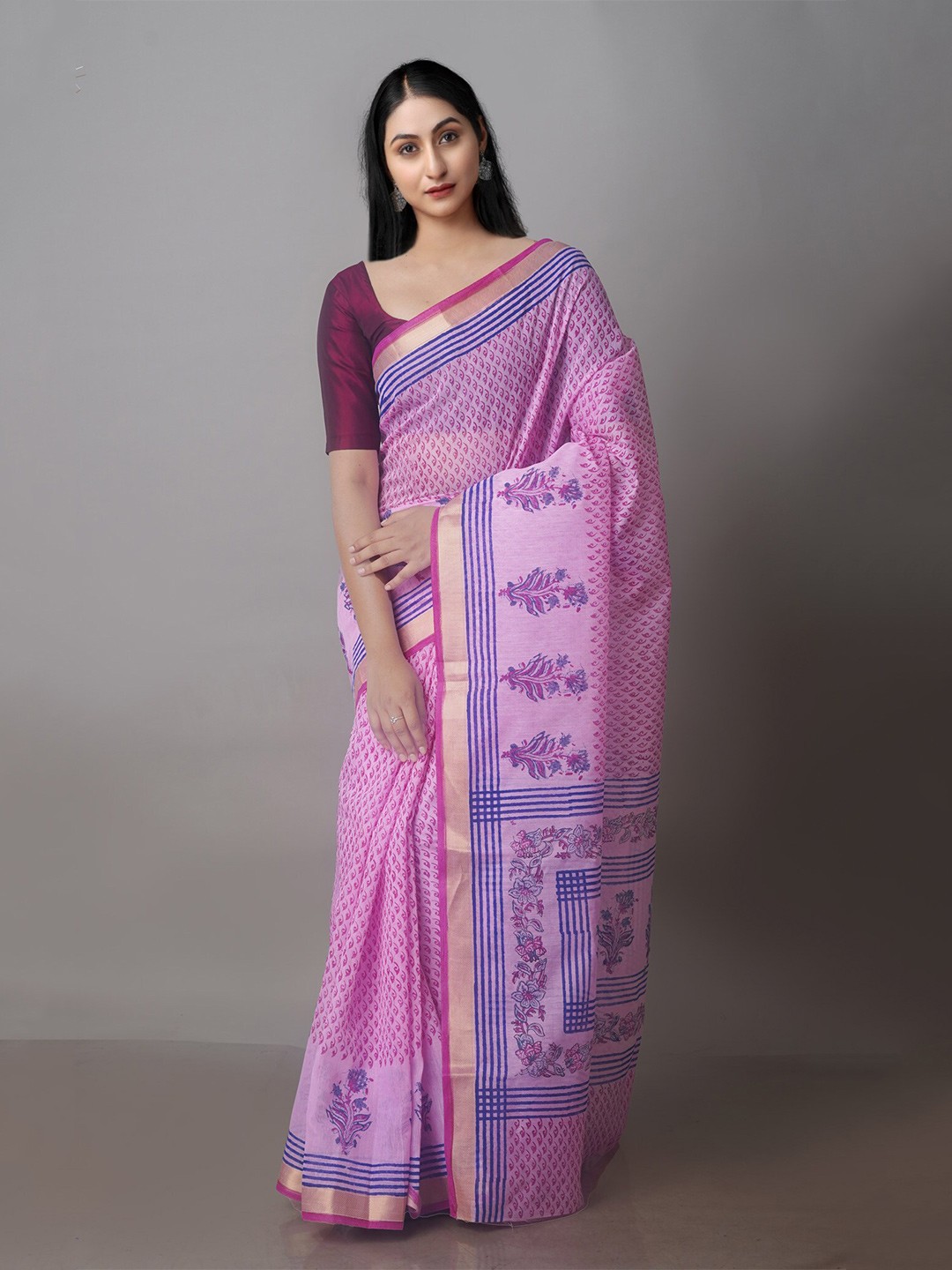 

Unnati Silks Ethnic Motifs Zari Silk Cotton Chanderi Saree, Pink