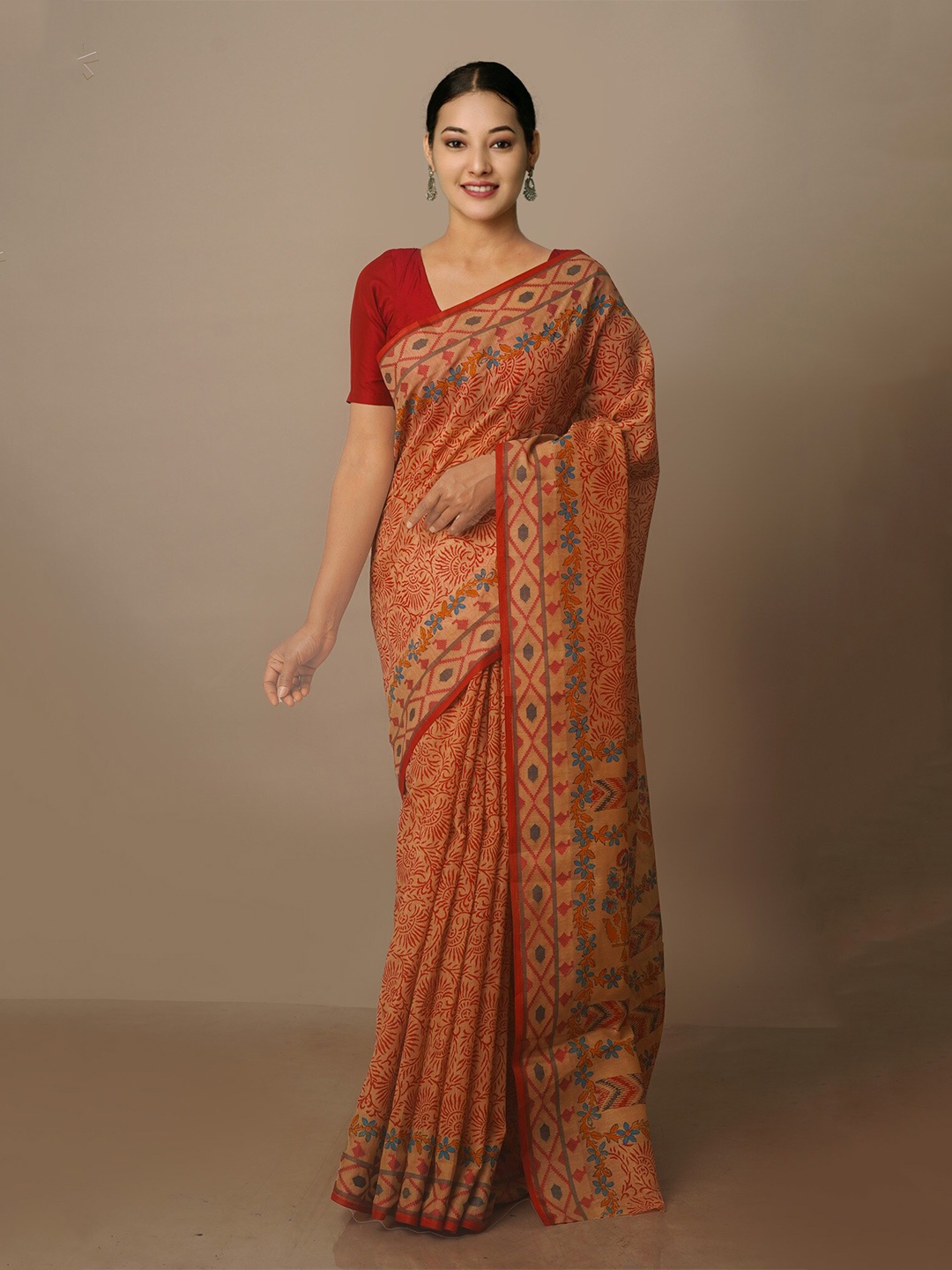 

Unnati Silks Ethnic Motifs Silk Cotton Chanderi Saree, Brown