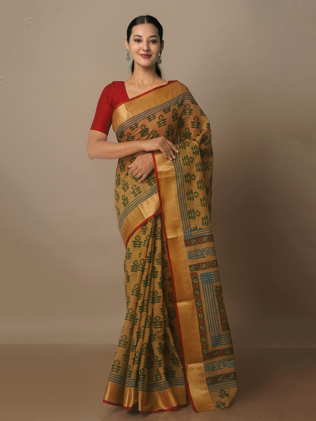 

Unnati Silks Ethnic Motifs Zari Silk Cotton Chanderi Saree, Brown