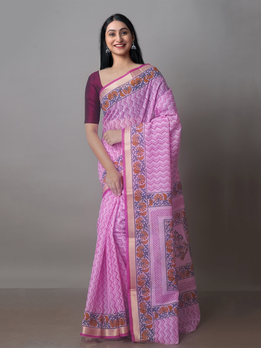 

Unnati Silks Ethnic Motifs Printed Zari Silk Cotton Chanderi Saree, Pink