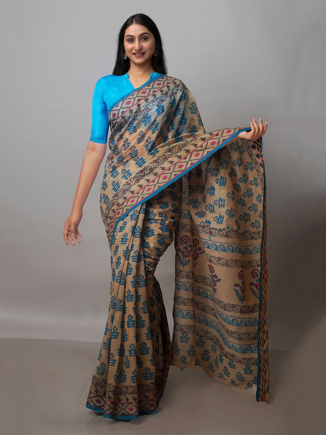 

Unnati Silks Ethnic Motifs Silk Cotton Chanderi Saree, Brown