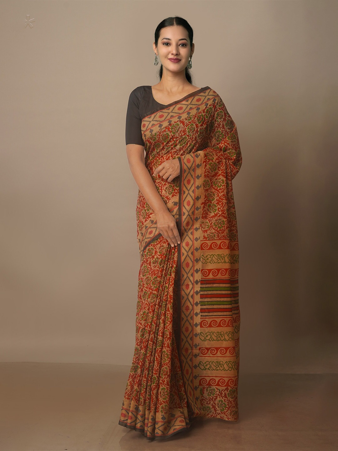

Unnati Silks Floral Printed Silk Cotton Chanderi Saree, Brown