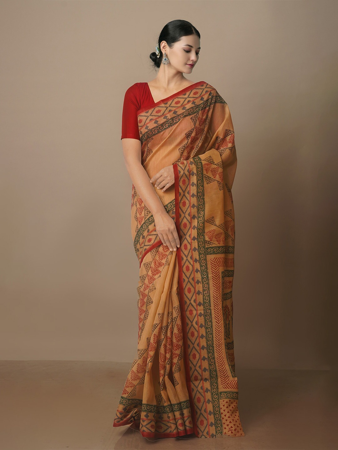 

Unnati Silks Geometric Silk Cotton Chanderi Saree, Brown