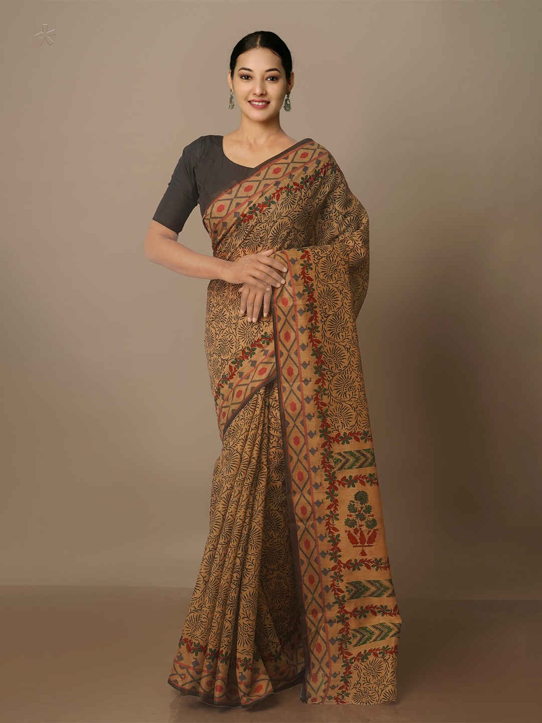 

Unnati Silks Ethnic Motifs Silk Cotton Chanderi Saree, Brown