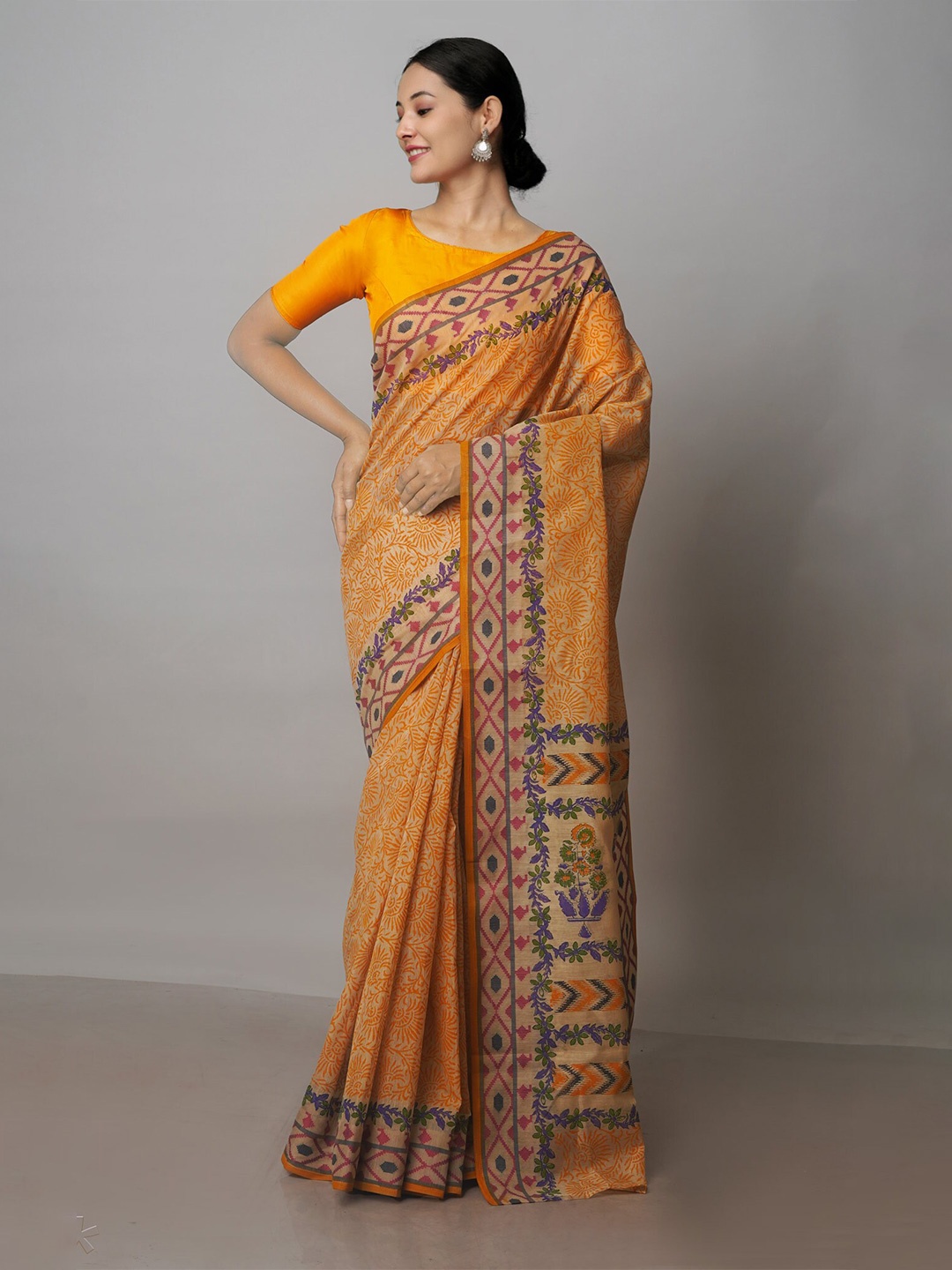 

Unnati Silks Ethnic Motifs Block Printed Silk Cotton Chanderi Saree, Orange