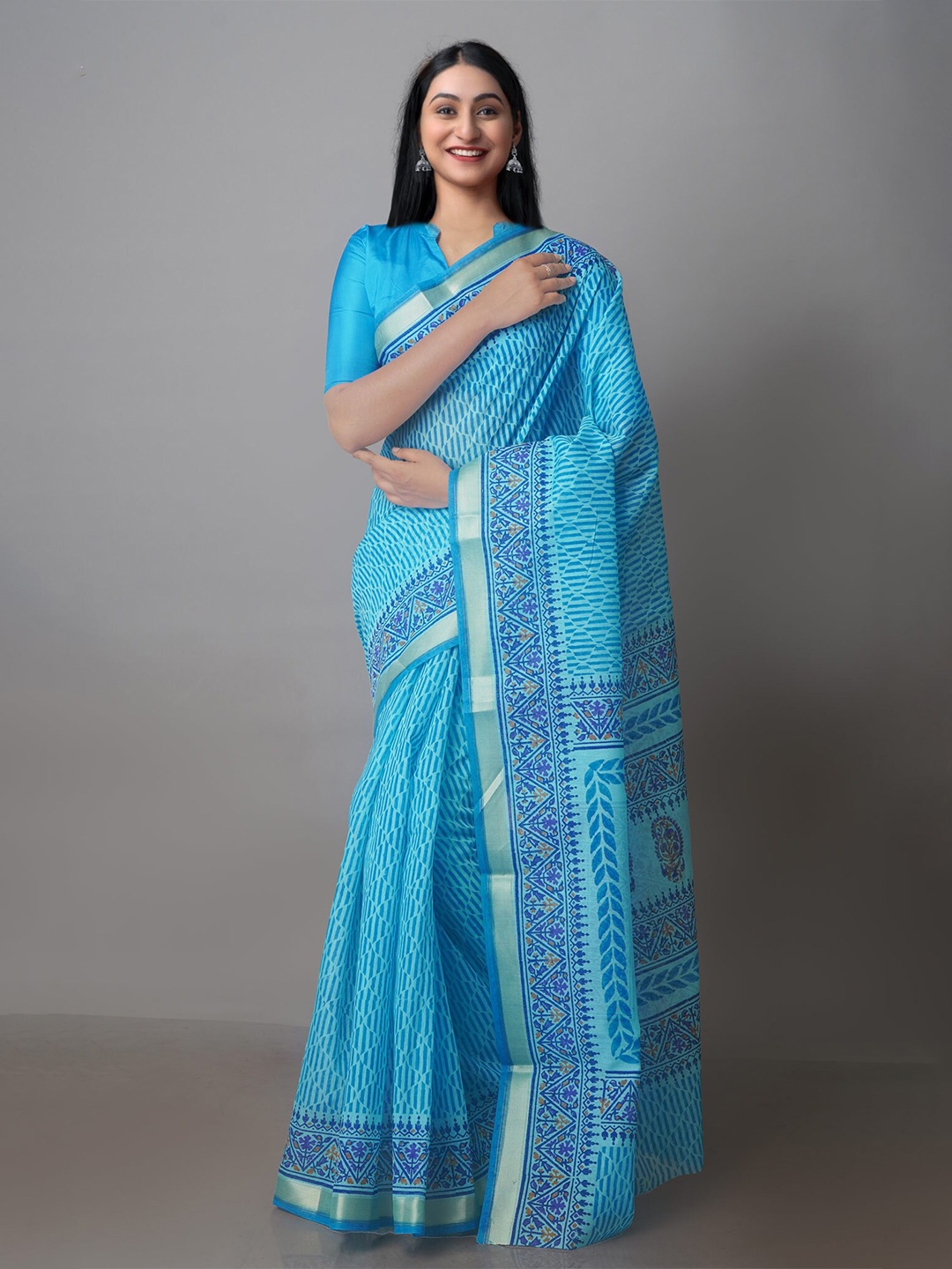 

Unnati Silks Ethnic Motifs Zari Silk Cotton Chanderi Saree, Blue