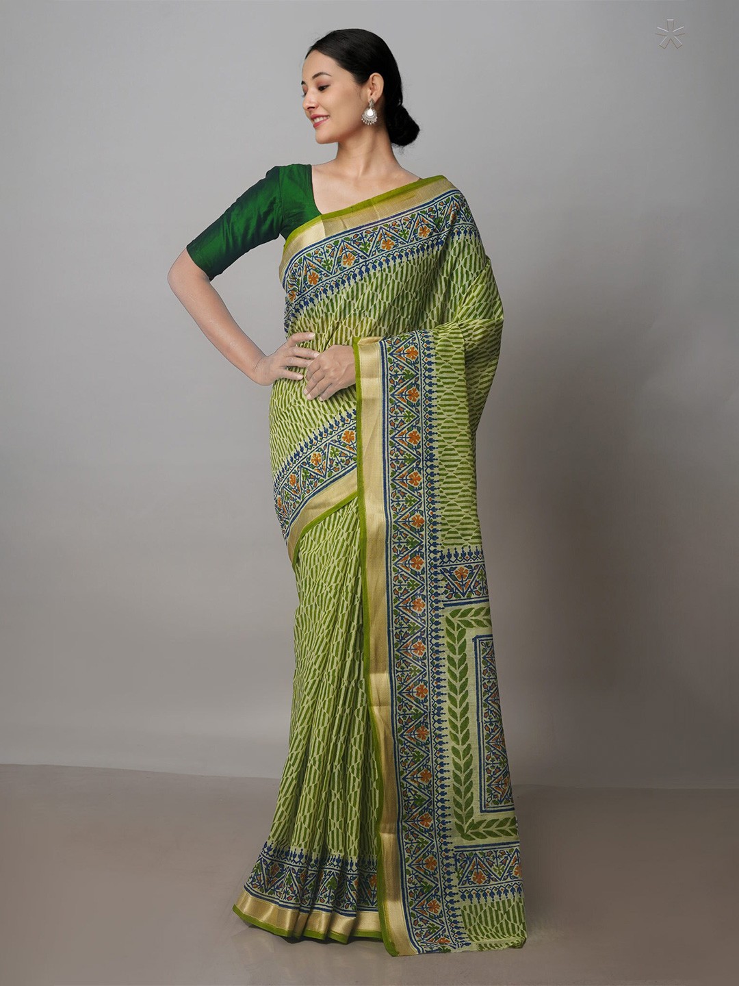 

Unnati Silks Abstract Printed Silk Cotton Chanderi Saree, Green