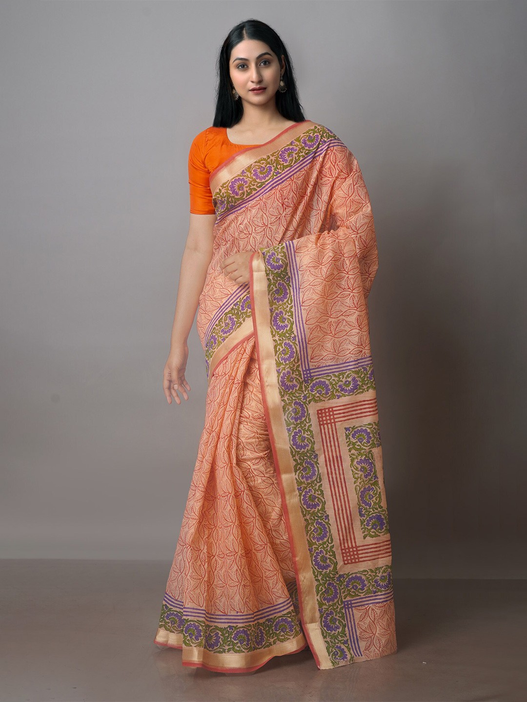 

Unnati Silks Ethnic Motifs Zari Silk Cotton Chanderi Saree, Peach