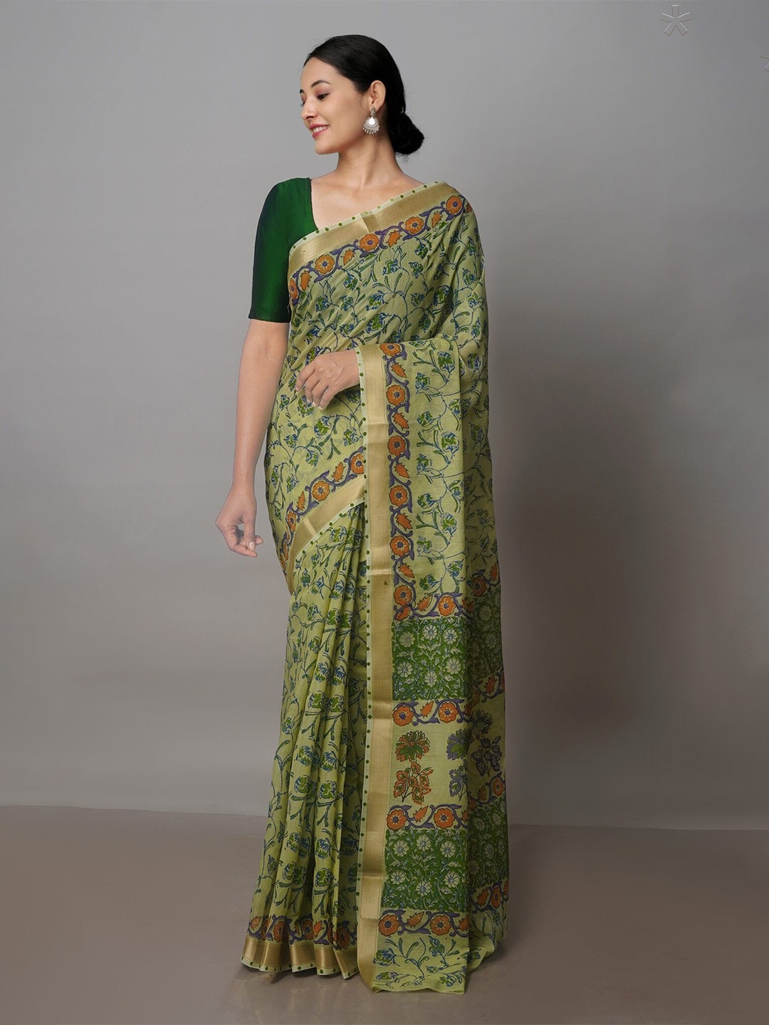 

Unnati Silks Floral Printed Zari Silk Cotton Chanderi Saree, Green