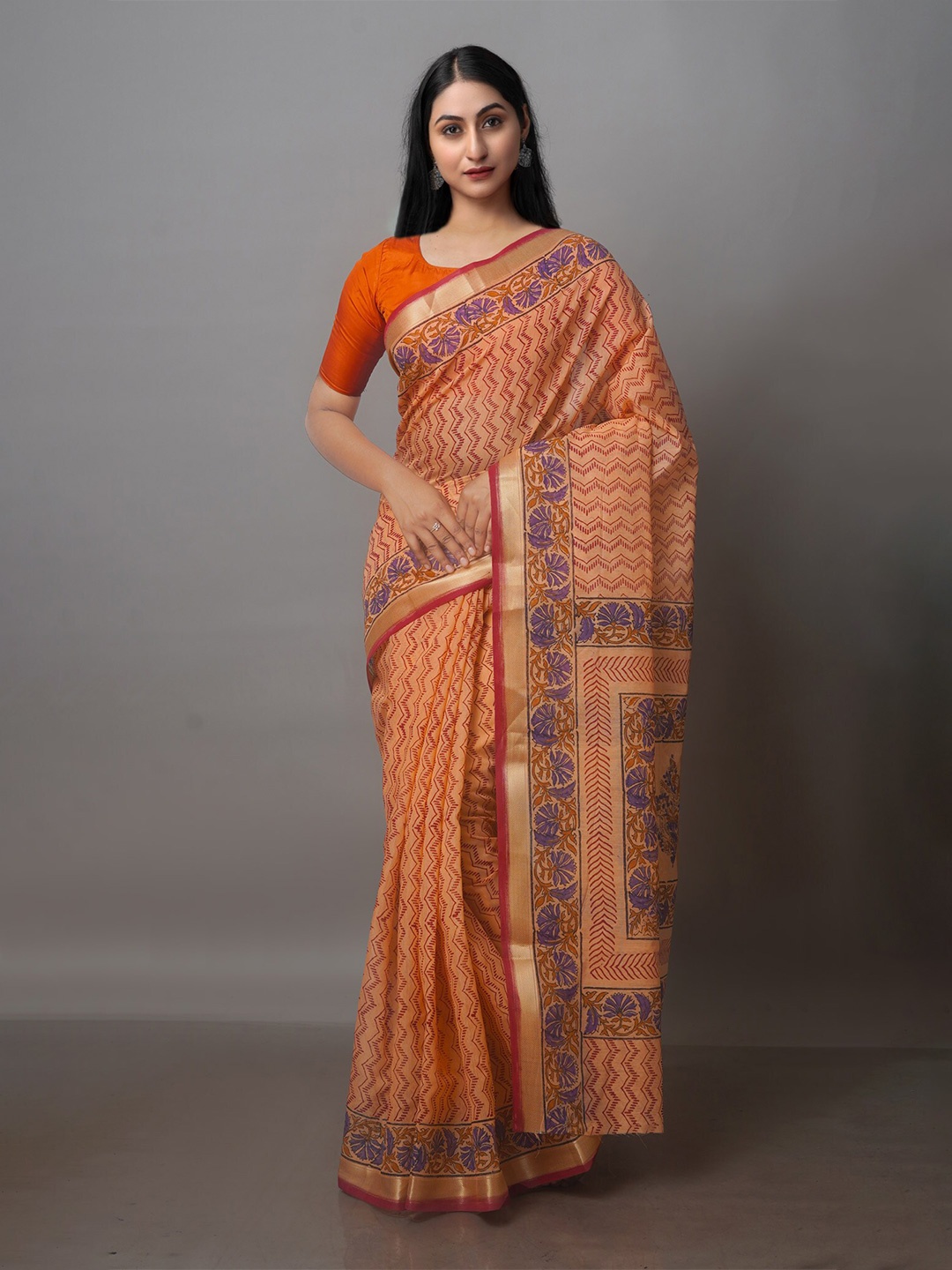 

Unnati Silks Abstract Printed Silk Cotton Chanderi Saree, Peach