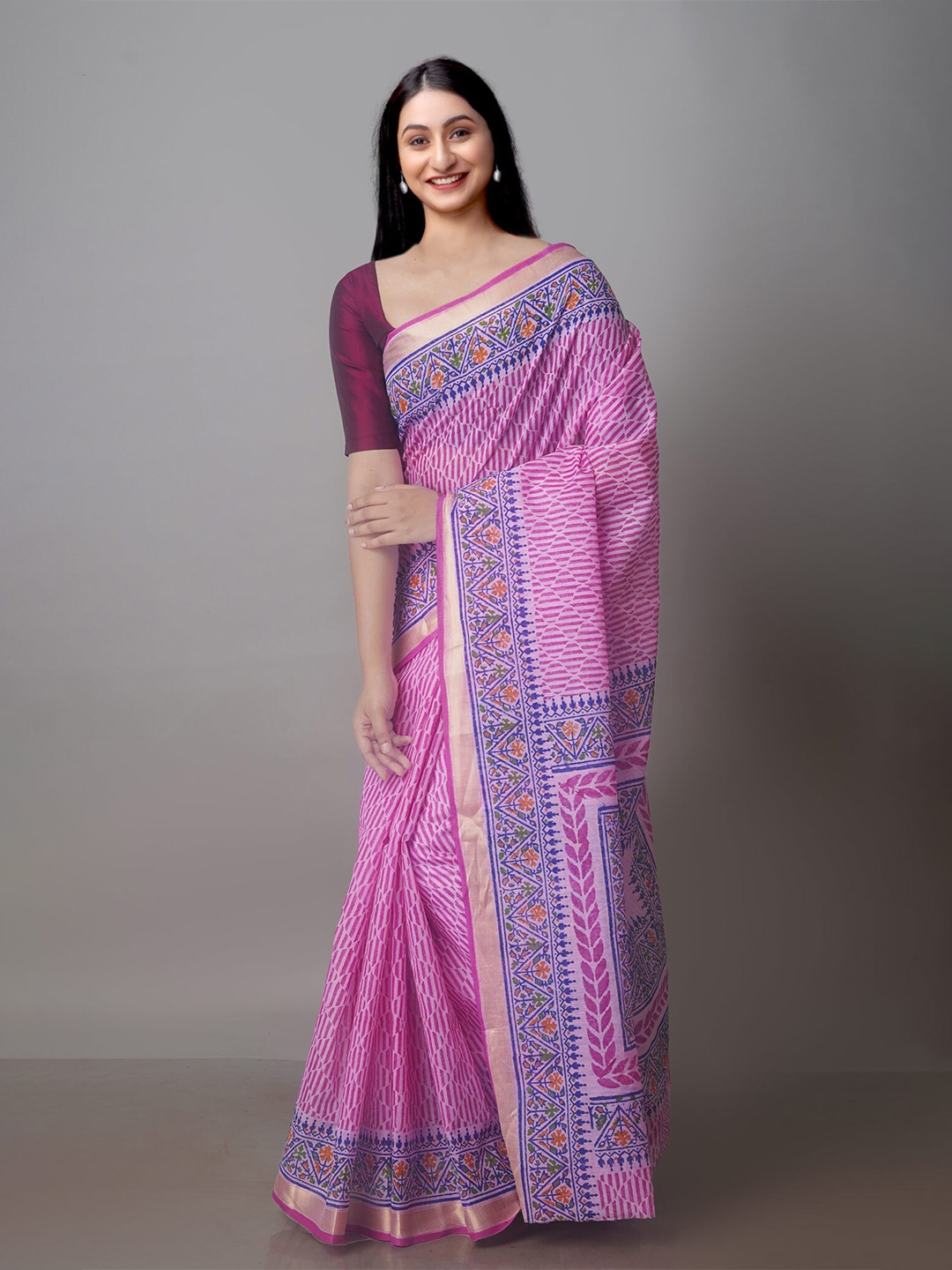 

Unnati Silks Ethnic Motifs Zari Silk Cotton Chanderi Saree, Pink