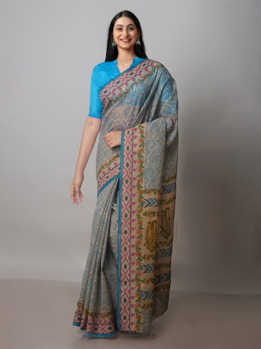 

Unnati Silks Ethnic Motifs Printed Silk Cotton Chanderi Saree, Blue