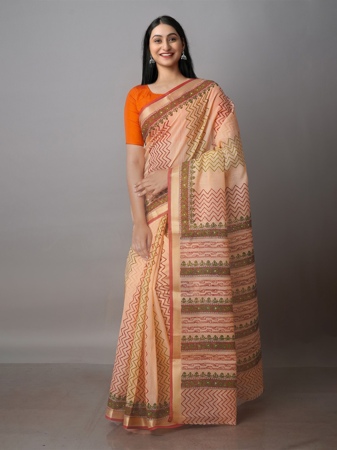 

Unnati Silks Geometric Zari Silk Cotton Chanderi Saree, Peach