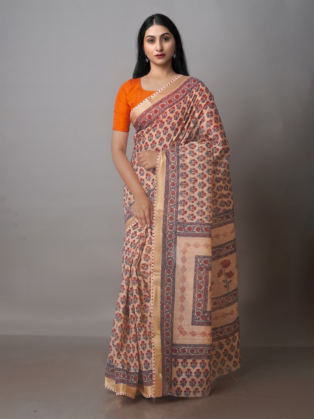 

Unnati Silks Ethnic Motifs Printed Zari Silk Cotton Chanderi Saree, Peach