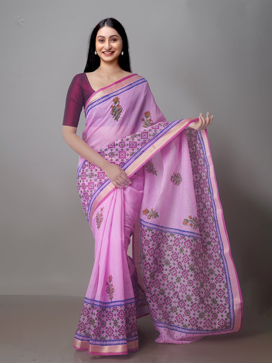 

Unnati Silks Floral Printed Zari Silk Cotton Chanderi Saree, Lavender