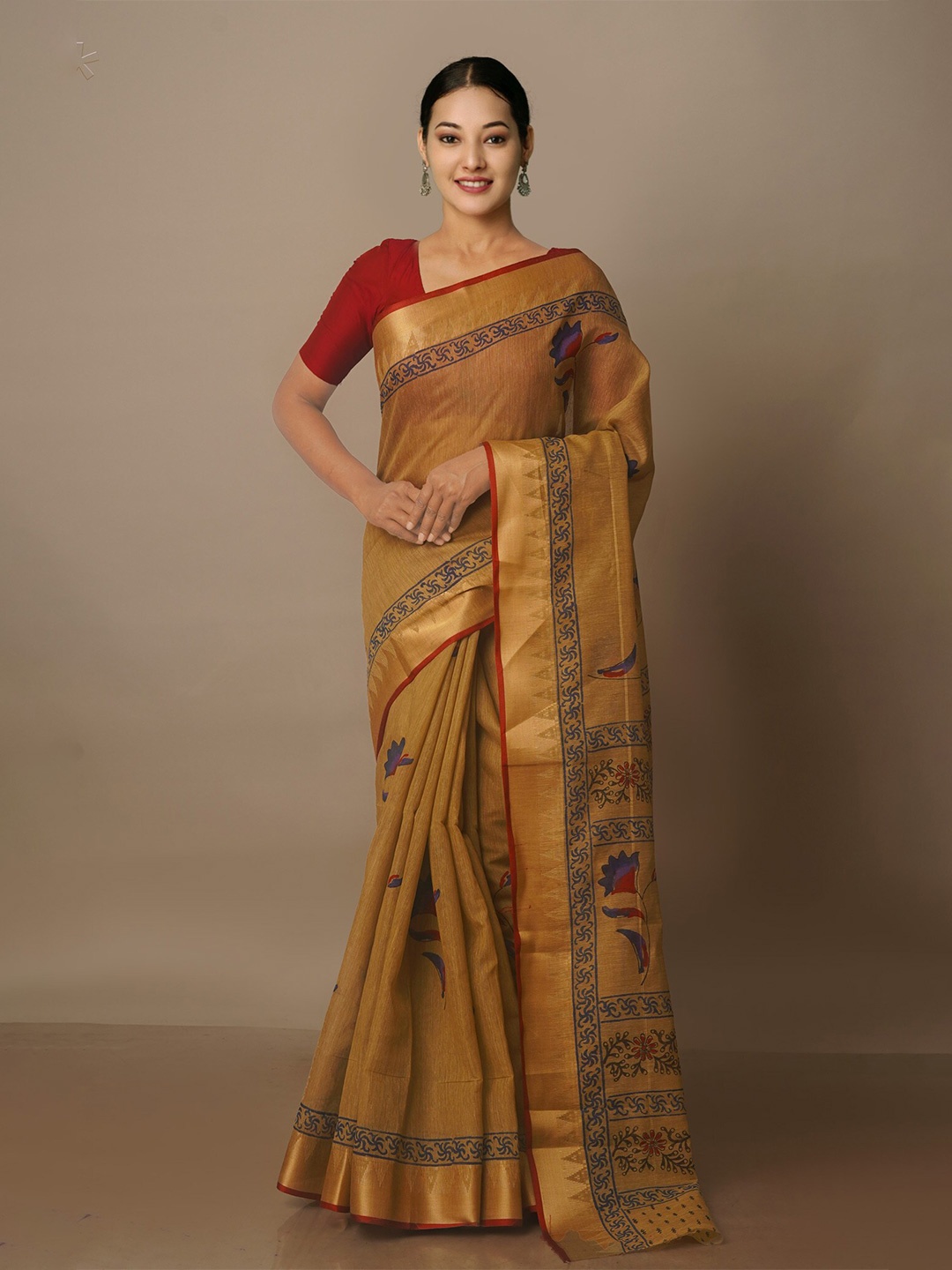 

Unnati Silks Floral Printed Zari Silk Cotton Chanderi Saree, Brown