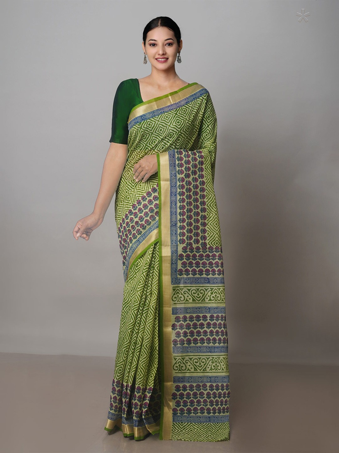 

Unnati Silks Geometric Printed Zari Silk Cotton Chanderi Saree, Green