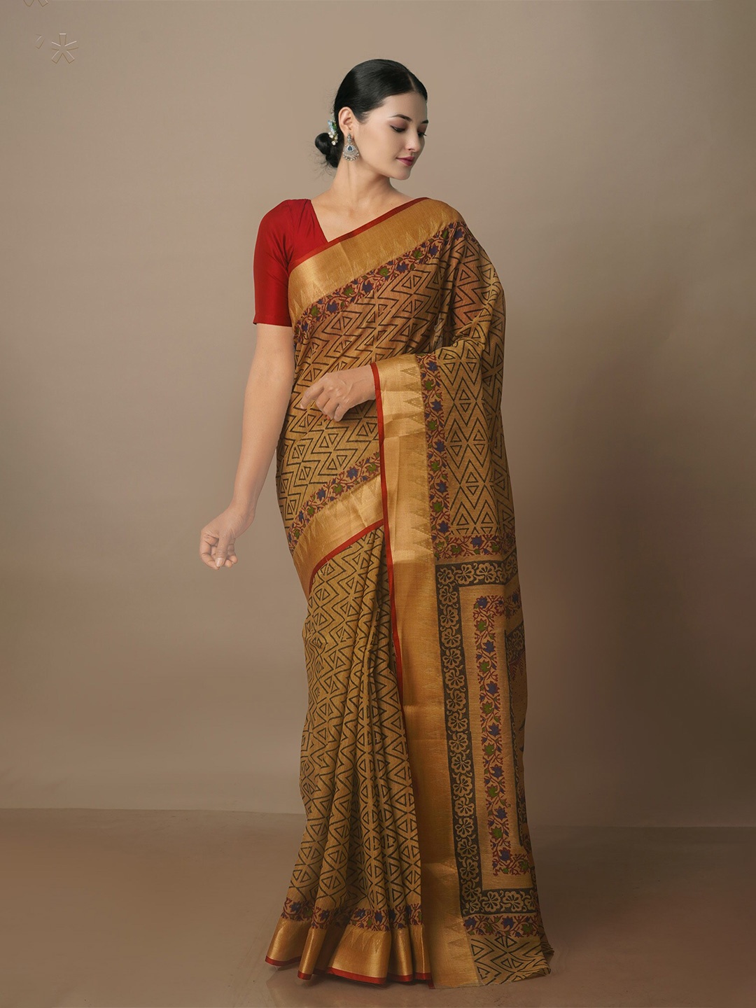 

Unnati Silks Ethnic Motifs Printed Zari Silk Cotton Chanderi Saree, Brown