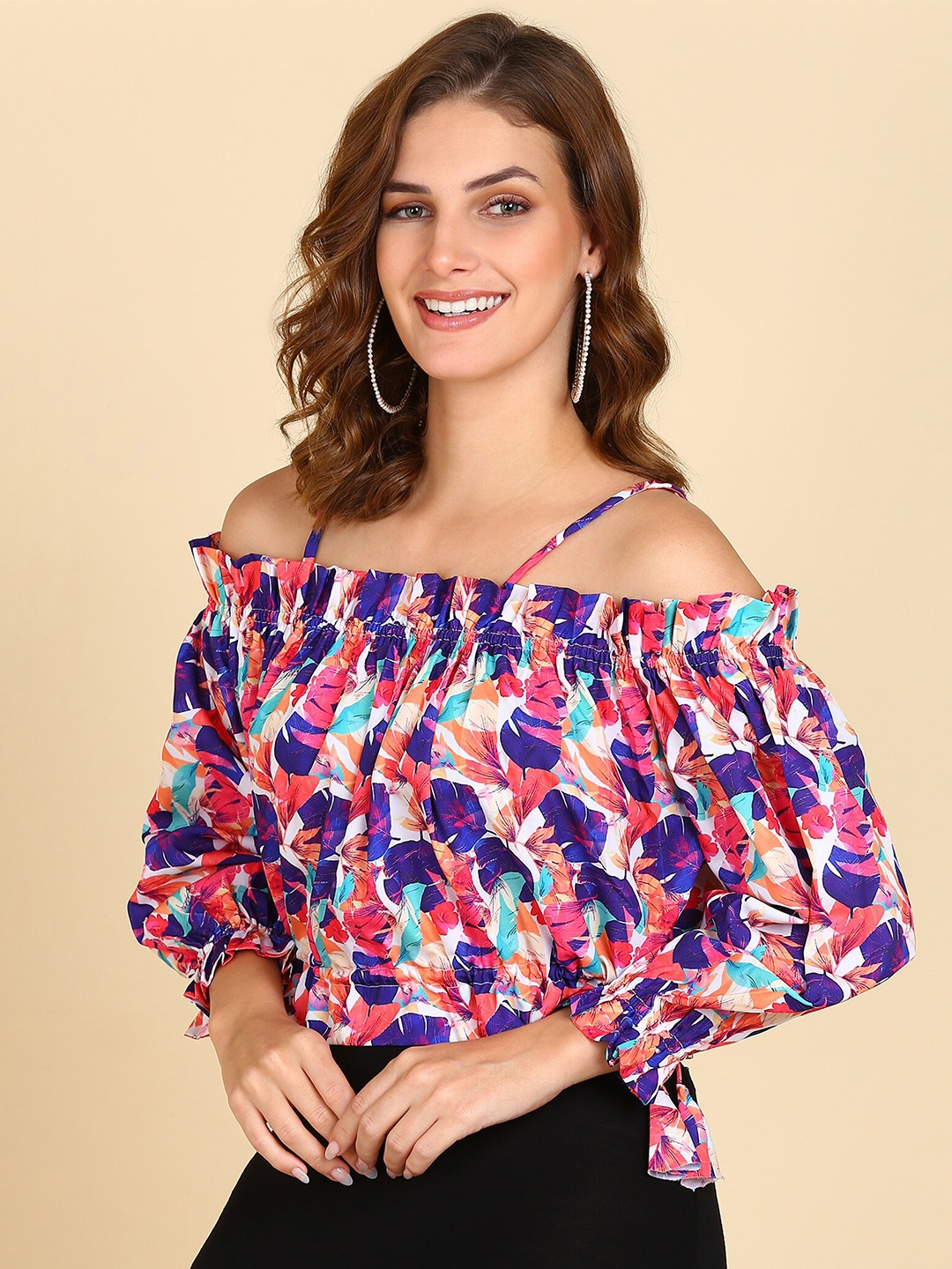 

ZNX Clothing Tropical Printed Puff Sleeves Off-Shoulder Bardot Crop Top, Blue