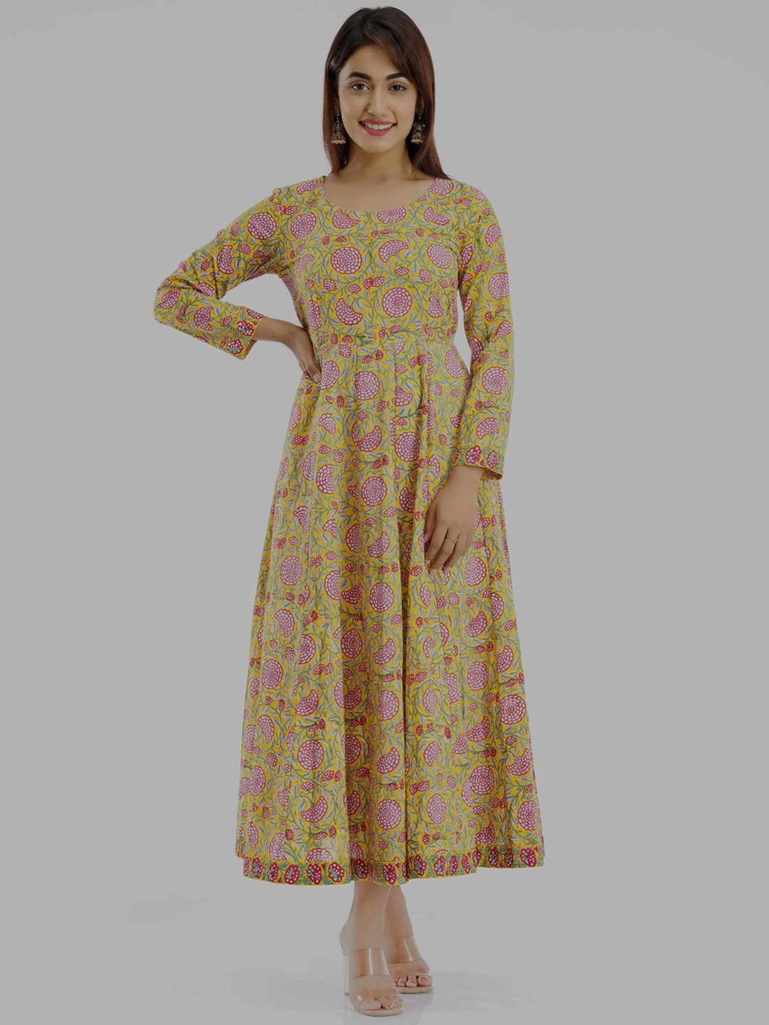 

PARCHHAI Floral Printed Pure Cotton A-Line Dress, Yellow