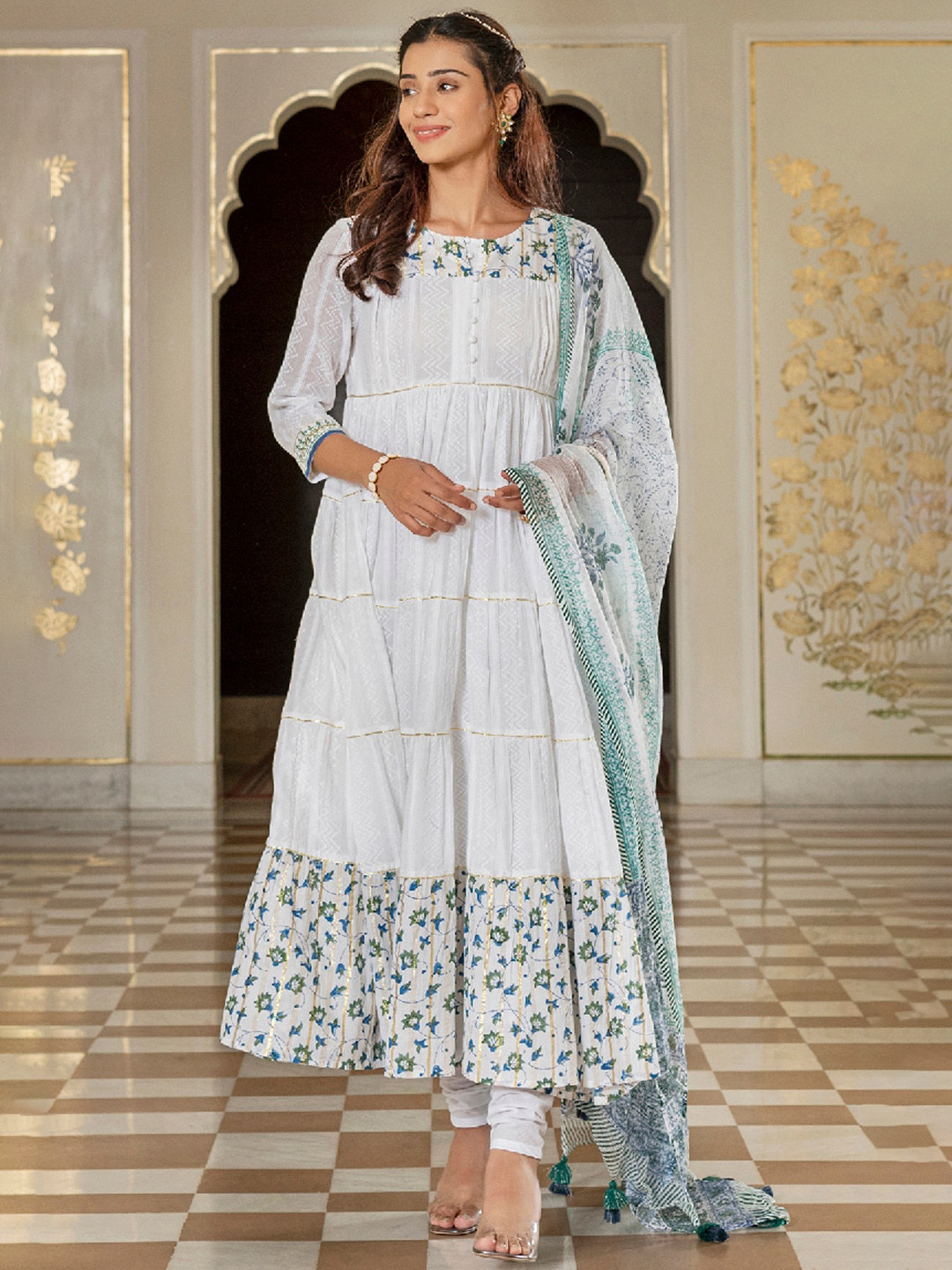 

EverBloom Ethnic Self Design Tiered Dobby Pure Cotton Kurta with Churidar & Dupatta, White