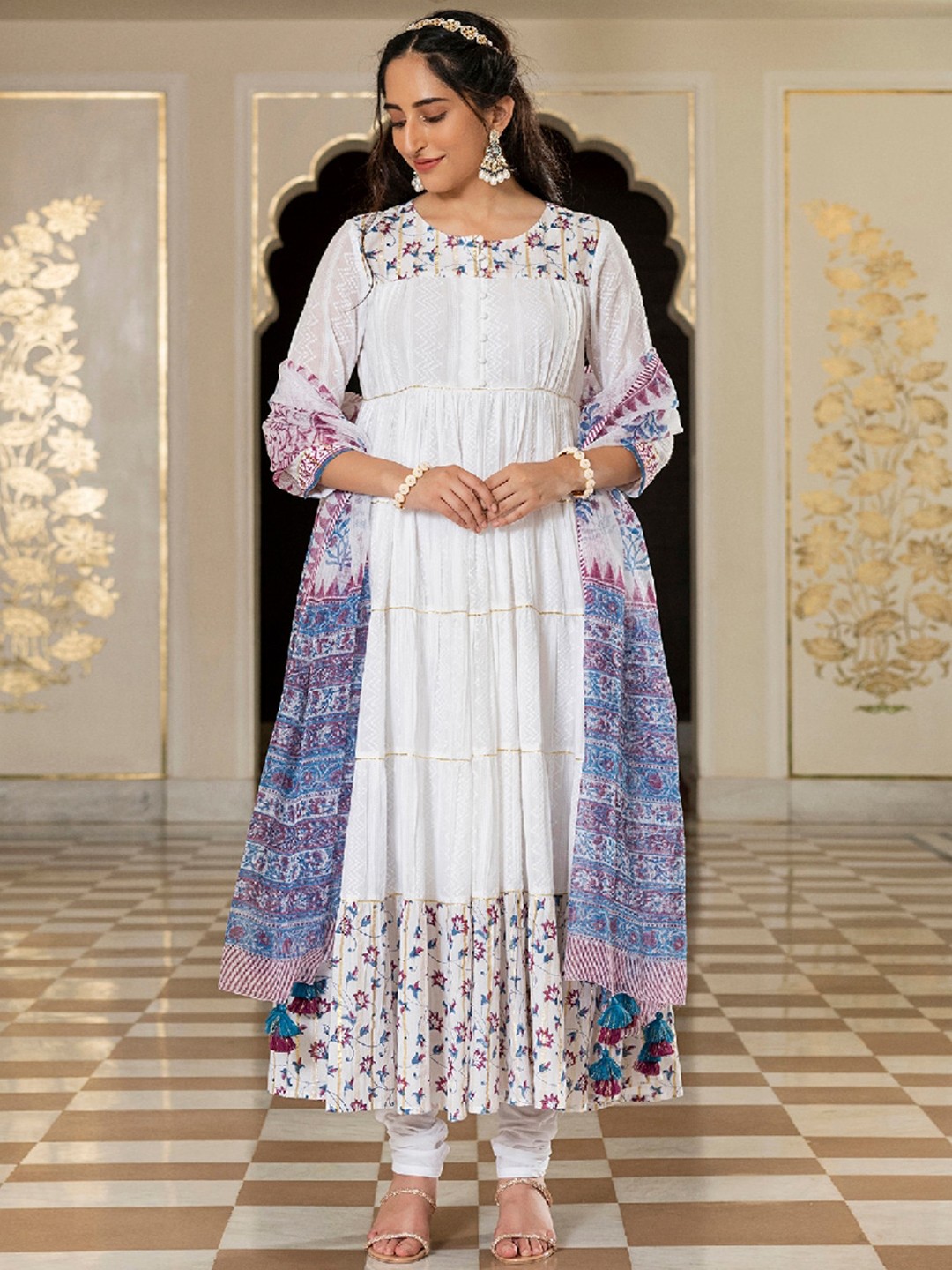 

EverBloom Ethnic Self Design Tiered Dobby Pure Cotton Kurta with Churidar & Dupatta, White