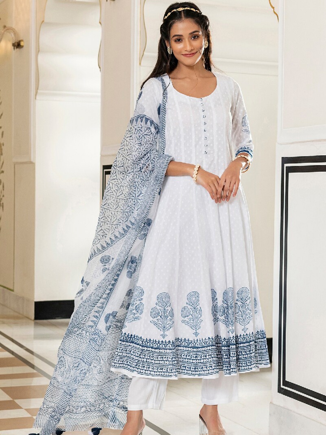 

EverBloom Abstract Self Design Anarkali Dobby Pure Cotton Kurta with Trousers & Dupatta, White