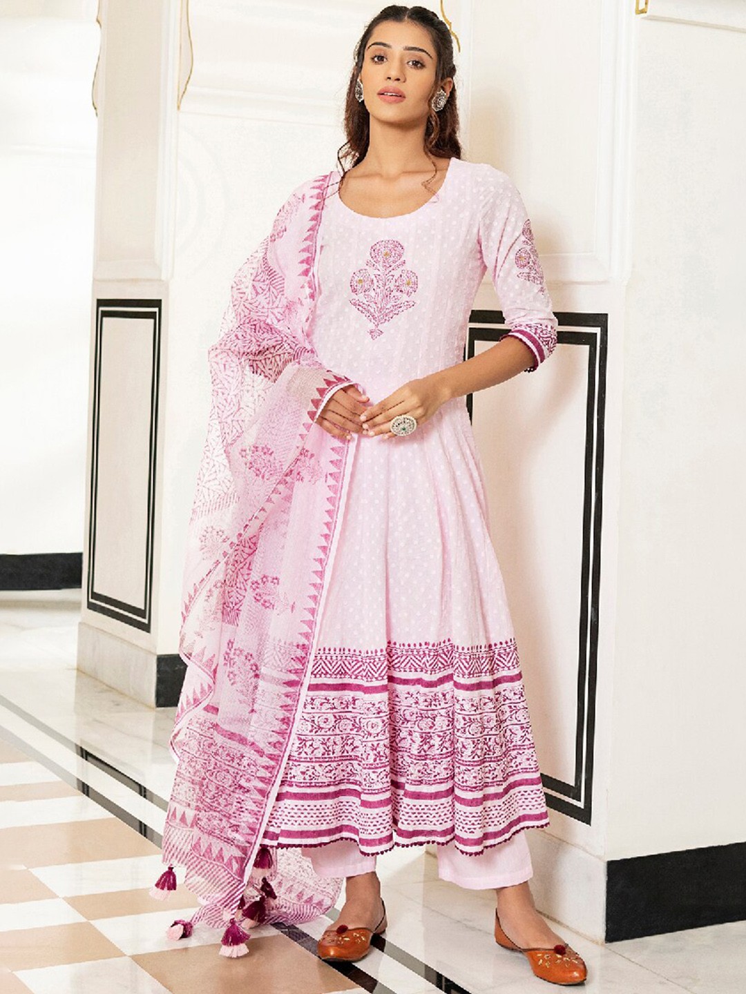 

EverBloom Abstract Self Design Anarkali Dobby Pure Cotton Kurta with Trousers & Dupatta, Pink